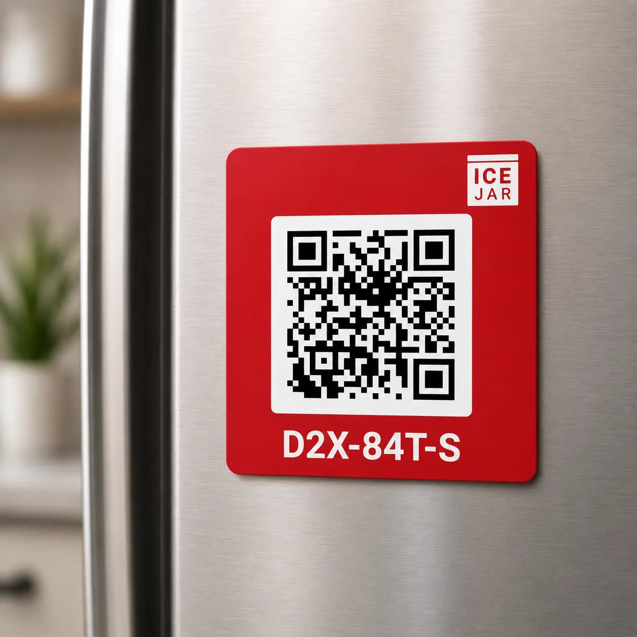 ICE Jar QR code fridge magnet on a kitchen fridge